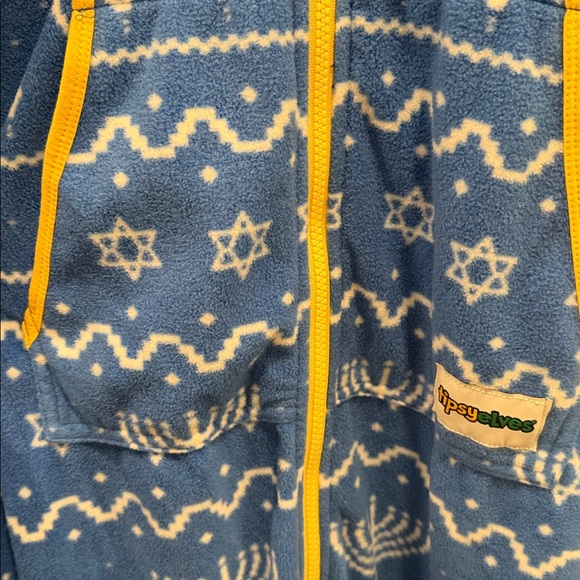 Tipsy Elves Blue and Yellow Hooded Onesie with Star and Menorah Pattern - Picture 3 of 7
